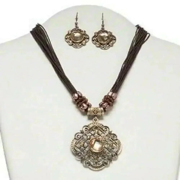 Modern Victorian Diamond Shape Necklace Earrings Set Antiqued Brass Multi - Picture 1 of 1